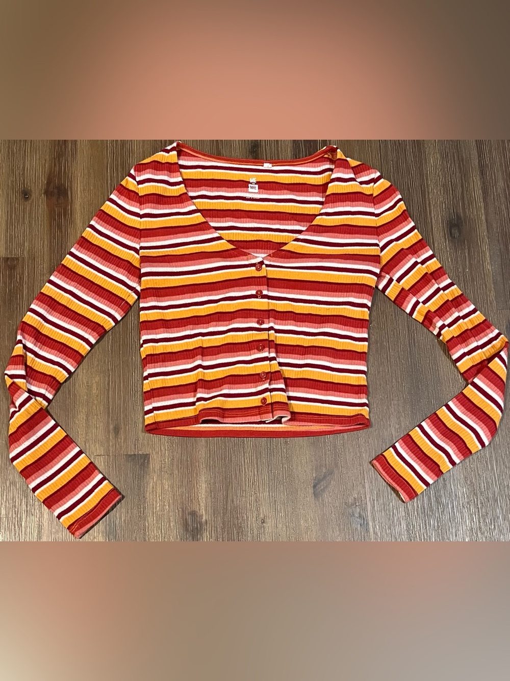 Me to We Striped Button-Front Crop Top in Red, Yellow & White